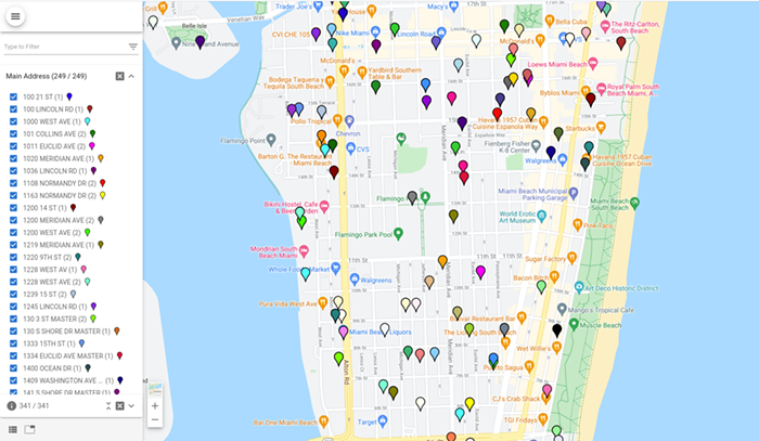 This map shows Miami Beach buildings with violations related to their 40-year safety recertifications. The data was captured on June 28 and goes back to 2006. - SCREENSHOT COURTESY OF THE MIAMI DESIGN PRESERVATION LEAGUE