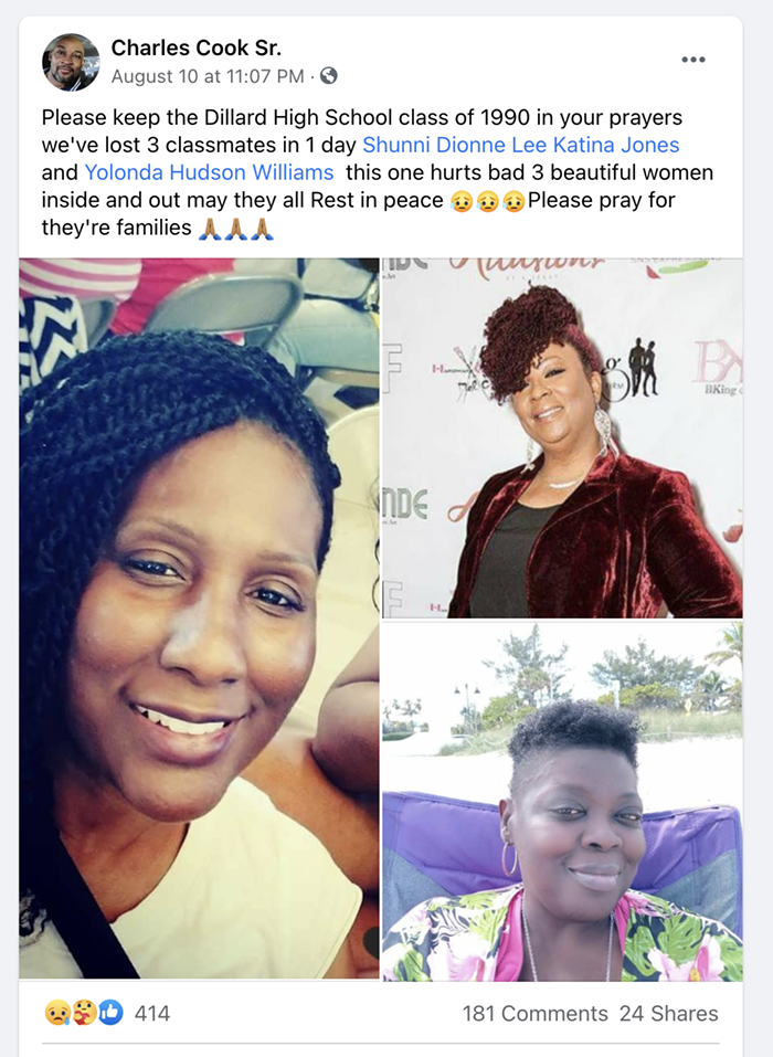Katina Jones and Yolanda Hudson Williams both graduated from Dillard High School in 1990 - SCREENSHOT VIA FACEBOOK