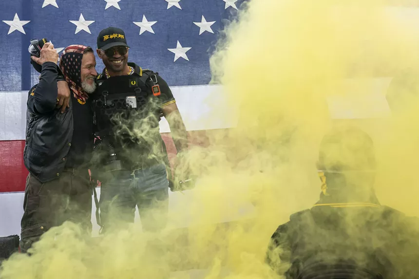 The Proud Boys have clashed with Black Lives Matter protesters and anti-fascists in cities throughout the nation, often resorting to violence. - PHOTO BY NATHAN HOWARD/GETTY IMAGES