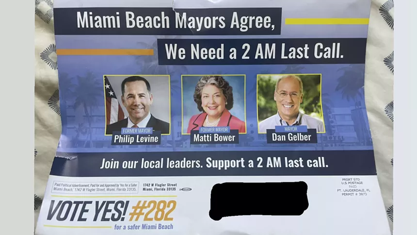 A campaign mailer paid for by Yes for a Safer Miami Beach indicates that Matti Bower supports the 2 a.m. alcohol ban. Bower recently asserted the opposite. - COURTESY OF A MIAMI BEACH RESIDENT