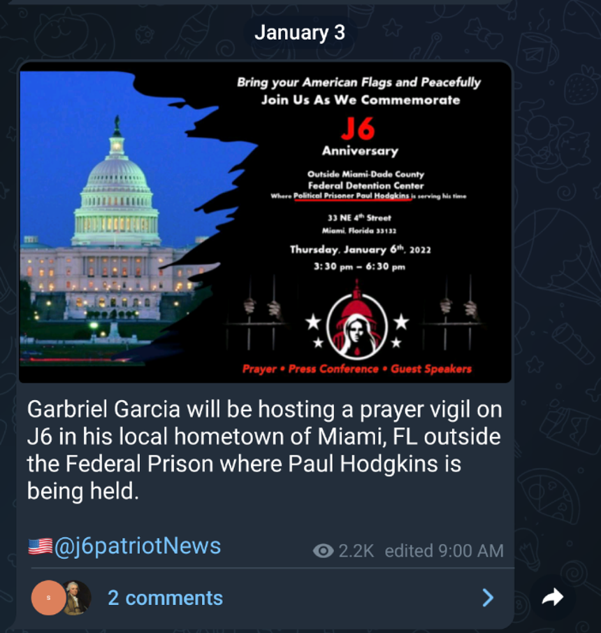 Miami Proud Boy Gabriel Garcia is scheduled to "host a prayer vigil" tomorrow at the Federal Detention Center in downtown Miami. - IMAGE VIA TELEGRAM