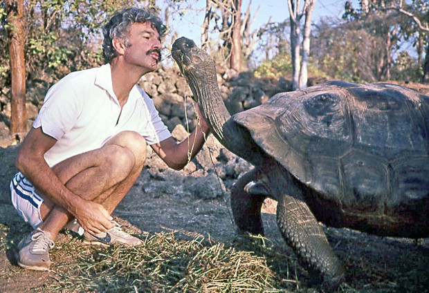 Author and Galapagos tortoise (i.e. terrestrial turtle), 1985: Darwin Research Station, Santa Cruz Island, Galapagos. Photo by Cam Mathieson