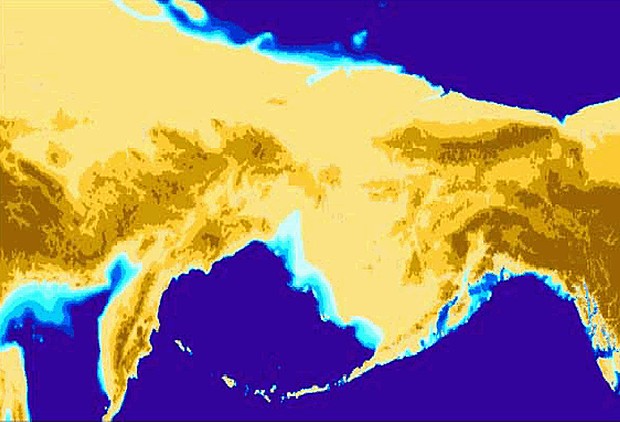 "Beringia" 14,000 years ago. The first Americans may have walked across it or paddled along its southern shore. or an animated version showing the changing shoreline from 20,000 years ago to the present, check out: Beringia_land_bridge-noaagov.gif - MAP BY NOAA