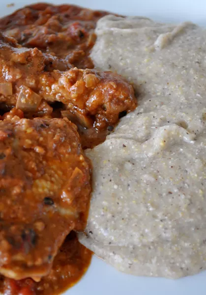 Chicken with Catalan picada and buckwheat polenta - PHOTO BY SIMONA CARINI