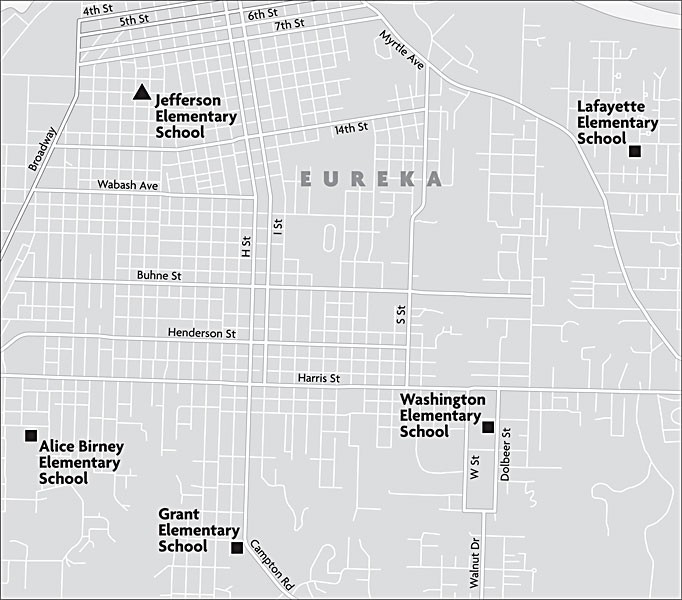 Eureka City Schools' closure of Jefferson Elementary in 2005 left the city without an elementary school in the downtown area. Map by Miles Eggleston.