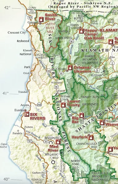 Extending from the Oregon border to Mendocino County, Six Rivers National Forest borders Klamath and Shasta-Trinity National Forests to the east and Mendocino National Forest to the south.