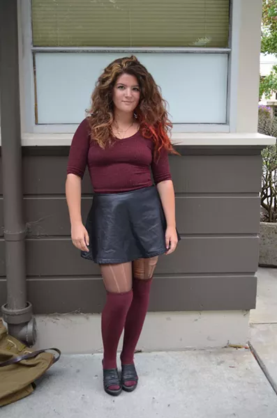Gabrielle Castro from San Rafael spent three years trying to move to Humboldt. "It's everything I had hoped for," she says. The freshman English major doesn't shop — her Bordeaux and faux-leather ensemble is 100 percent hand-me-down. - PHOTO BY SHARON RUCHTE