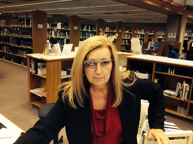 "You have overdue fees." Humboldt County Librarian Kitty Yancheff sports a pair of pre-release Google Glasses. - SHANE MIZER