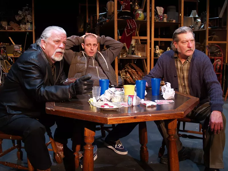 Joel Agnew as Teach, Josh Kelly as Bob, James as Don in NCRT's "American Buffalo" - PHOTO COURTESY OF NCRT
