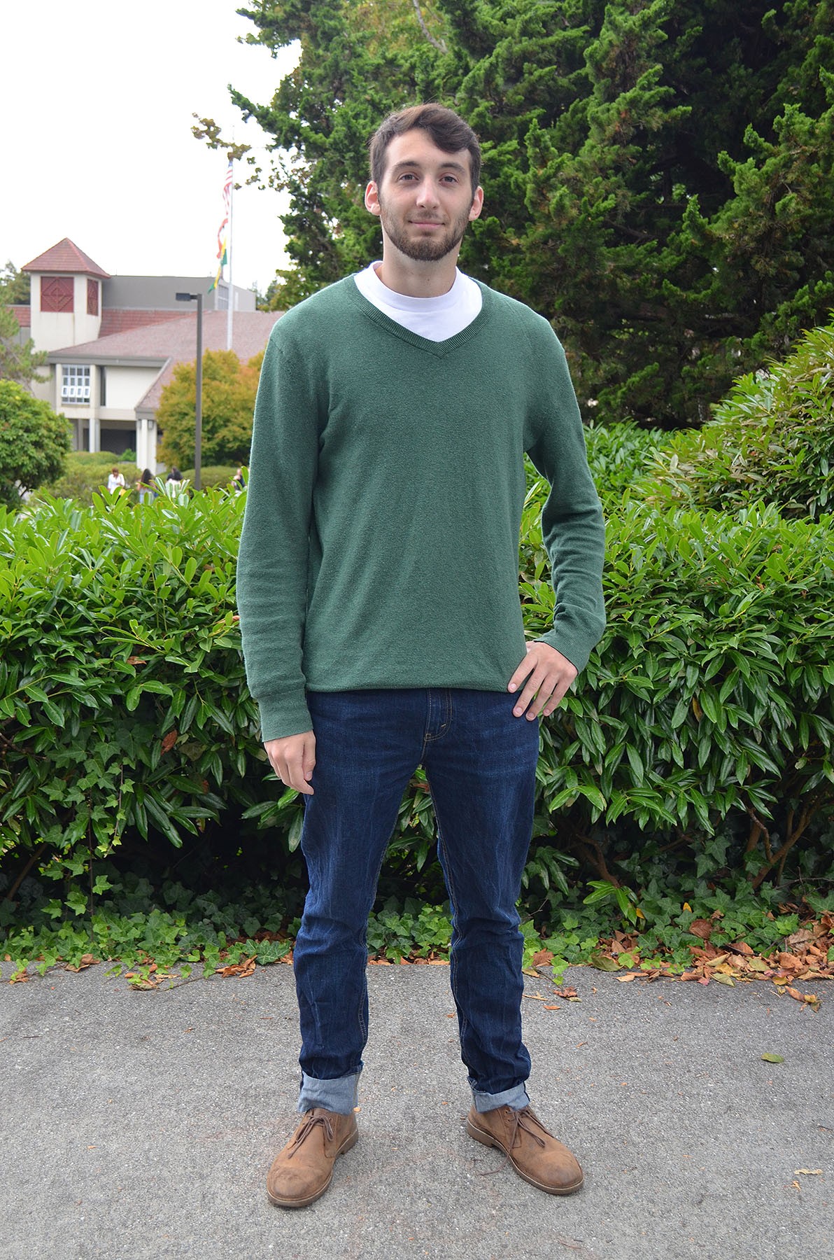 Junior Ian Fitzgerald is studying business administration and wearing the classics: Levi's, Clarks and a Gap sweater. - PHOTO BY SHARON RUCHTE