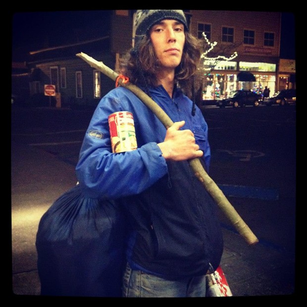 Kai the Homefree Hitchhiker on the Arcata Plaza earlier this year. - BY ANDREW GOFF