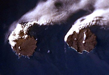 Île de la Possession and Île de l'Est, Crozet Islands, Indian Ocean. Go 500 miles northeast, drill down 8,000 miles and you'll be in Humboldt County. (NASA photo)