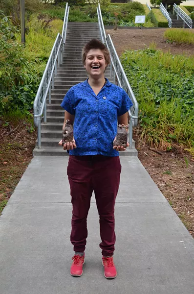 Maria Rechsteiner is a studio art student from Salt Lake City, Utah. She loves the "room for self-expression" here in HumCo. The "super senior" is super indeed in bright thrift store finds. Her own sculptures make pretty good accessories, too. - PHOTO BY SHARON RUCHTE