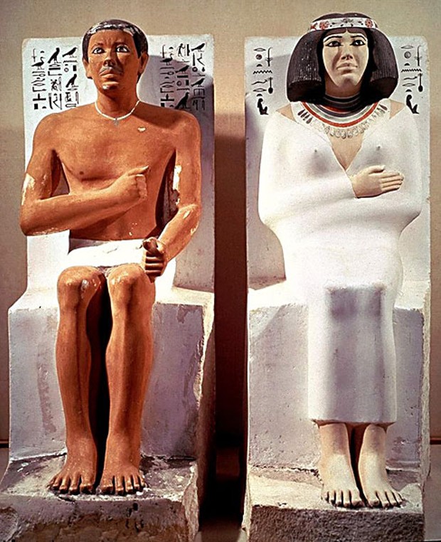 Melanin production is contrasted in these 4500-year-old statues from Meidan, Egypt, of Prince Rahotep and his consort Nofret. (Unknown photographer.)