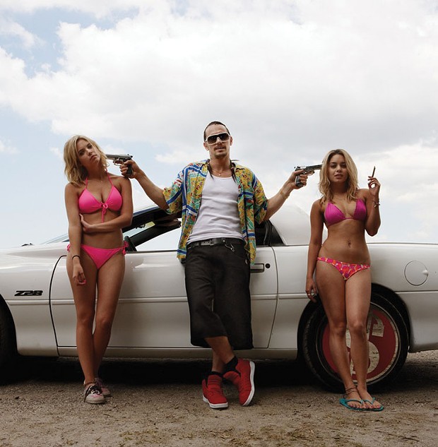 Misogynistic male fantasy or biting social critique? Whatevs, pass the Cuervo.  Ashley Benson, James Franco and Vanessa Hudgens in Spring Breakers.