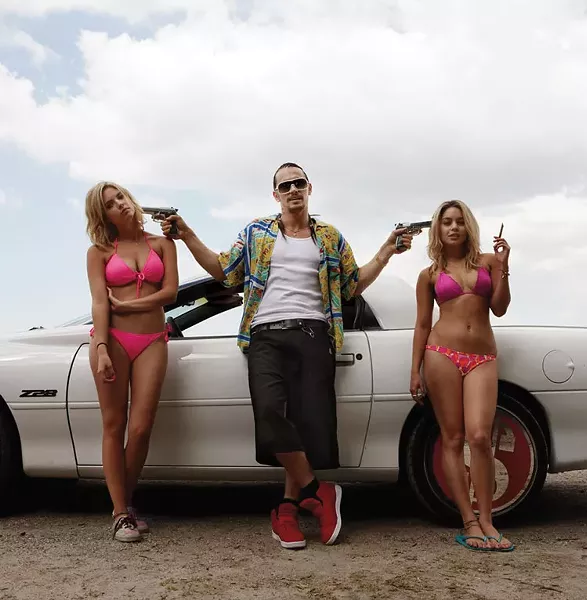 Misogynistic male fantasy or biting social critique? Whatevs, pass the Cuervo. Ashley Benson, James Franco and Vanessa Hudgens in Spring Breakers.