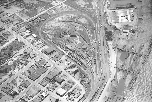 Eureka's Balloon Track, as seen from the sky in 1952. - MERLE SHUSTER, COURTESY OF HUMBOLDT STATE UNIVERSITY, SHUSTER AERIAL PHOTOGRAPH COLLECTION