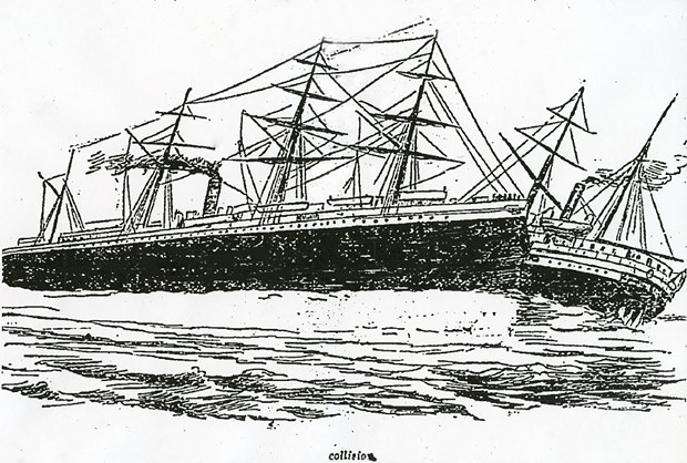 Newspaper illustration of the collision between - RMS Oceanic and SS City of Chester - ILLUSTRATION COURTESY THE SAN FRANCISCO CHRONICLE