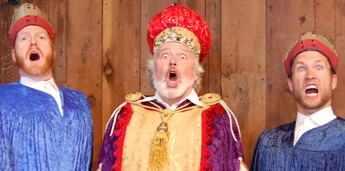 Odd fellows singing: Walter Dow, Grand Junior Warden/Grand Master-at-Arms (David Powell) Augustus “Big Gus” DeMotte, Grand High Priest of Blue Lake (Michael Fields) and Ingomar Everding, Grand Treasurer/District Deputy Grand Patriarch (Tyler Olsen) - COURTESY OF DELL'ARTE