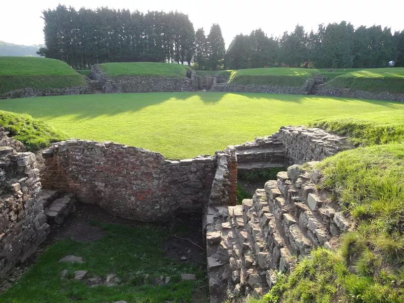 Roman military amphitheater at the legionary fortress of Caerleon, on the River Usk near Newport, south Wales. Arthurian legend links the site with Camelot. - PHOTO BY BARRY EVANS