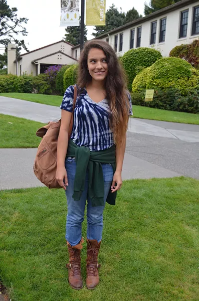 This SoCal junior goes by A.Z., but is otherwise undeclared. The tie-dye shirt from a friend must mean Humboldt is rubbing off, and she pairs them with her "trusty boots." - PHOTO BY SHARON RUCHTE