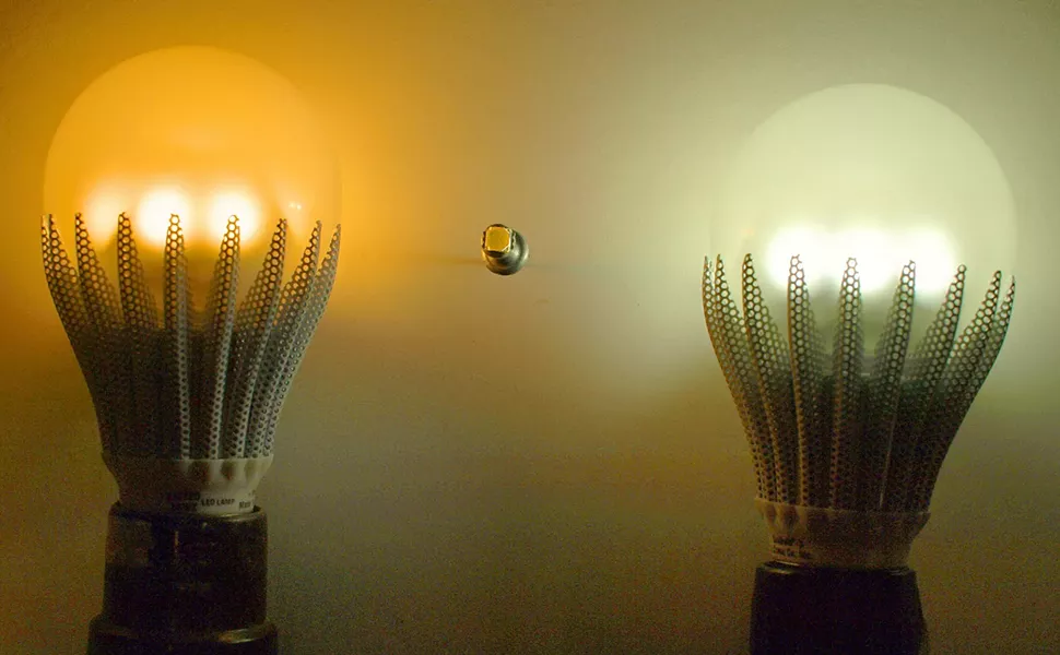 Two 7-watt "GeoBulbs" from the Fortuna company, C. Crane (ccrane.com). - PHOTO BY BARRY EVANS