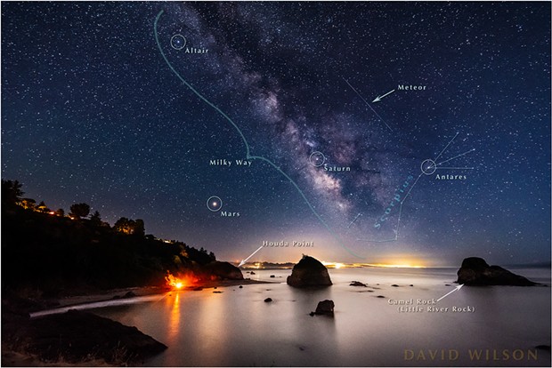 The annotated version. Mars was the brightest object in the sky, the Red Planet casting a reflection on the water bright enough for our naked eyes to see. The “meteor” might have been a satellite. We’ll call it “unidentified." - DAVID WILSON