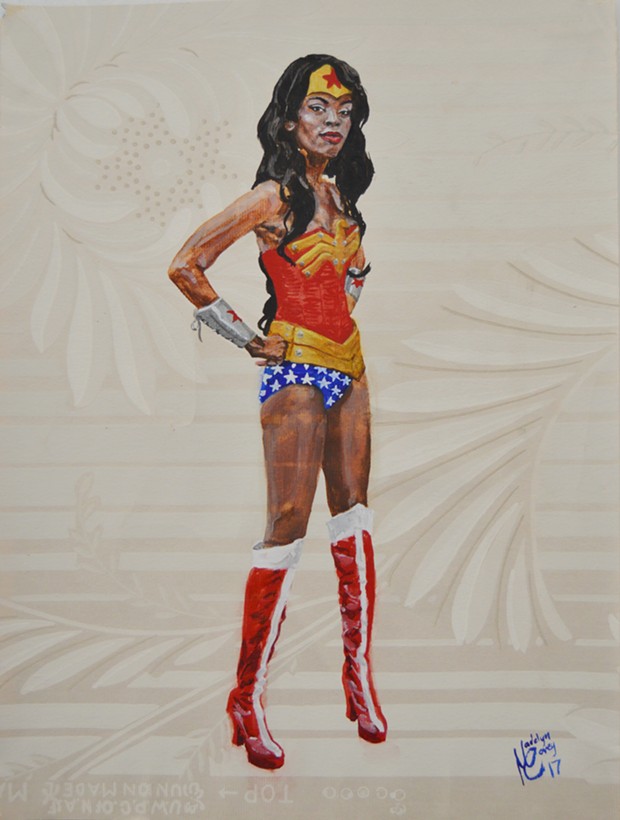 Madelyn Covey,'s "Wonder Woman," watercolor on wallpaper, 2017. - COURTESY OF THE ARTIST
