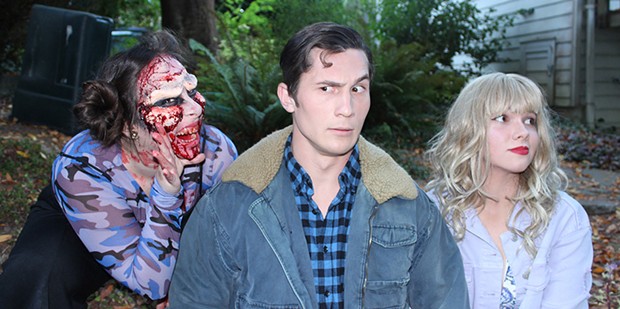 A gory Elizabeth Whittemore with William English III and Shawn Wagner in HSU's Evil Dead: The Musical. - SUBMITTED