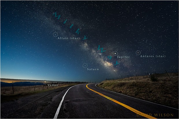 Annotated version showing three neighboring planets and a couple notable stars. The Core of our galaxy is the more detailed area of the Milky Way low on the horizon. [Note: This map can lead the aliens directly to us, so be responsible.] - DAVID WILSON