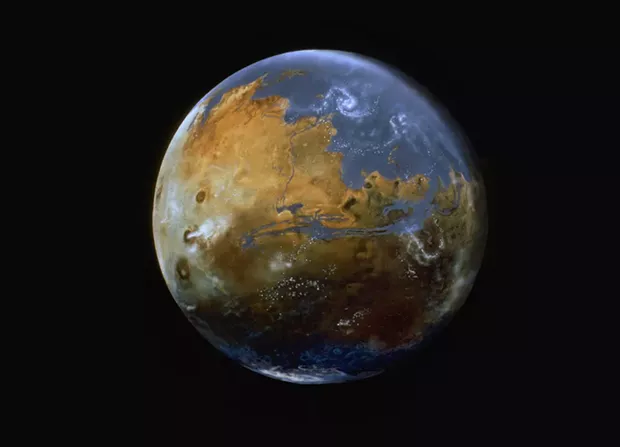 Past Mars (3.8 billion years ago) and future Mars if we warmed the planet sufficiently to thicken the atmosphere and bring long-lost oceans back. - COURTESY OF MICHAEL CARROLL