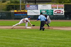 Shortstop Dom Souto lunges to make the tag at second in Sunday's game. - MATT FILAR