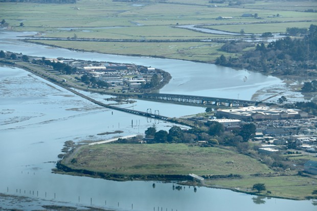 Eureka Slough during a recent king tide gives a glimpse of what sea-level rise will look like around Humboldt Bay. - JENNIFER SAVAGE