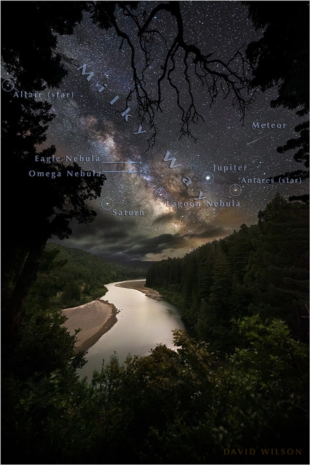 From the immensity of space, the distant core of our galaxy rises over the Eel River. We will never understand it all, but I did mark a few points along the way. From the Avenue of the Giants, Humboldt County, Earth. - DAVID WILSON