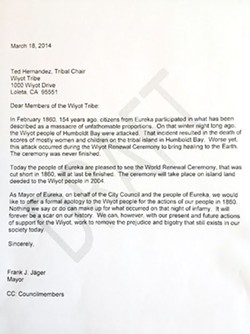 The letter former Mayor Frank Jager wrote to the Wiyot Tribe.