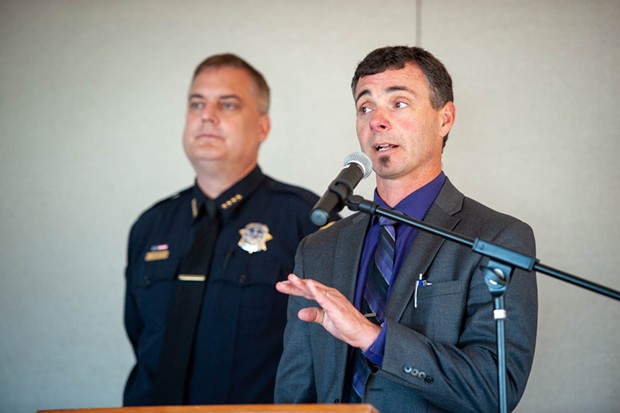 Fortuna Union High School District Superintendent Glen Senestraro spoke to parents about how they were notified of the incident and the short notice between the announcement and the press conference. - MARK MCKENNA