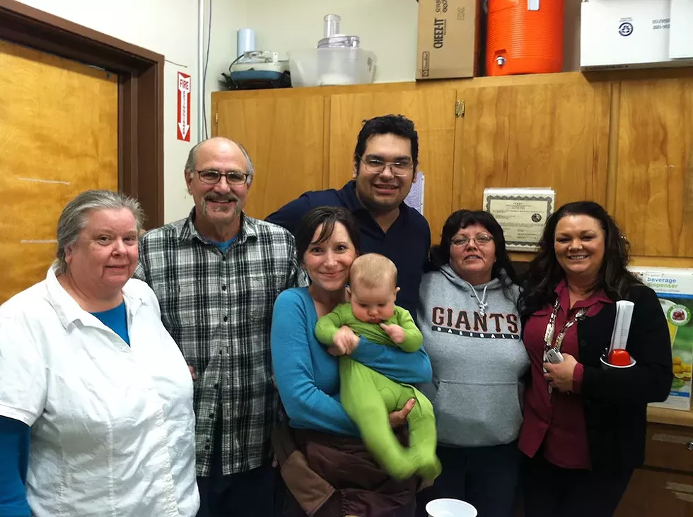 Paolo Todd with attendees of a Klmath Organizing Committee meeting at Margaret Keating Elementary School - PHOTO BY CLAIRE REYNOLDS
