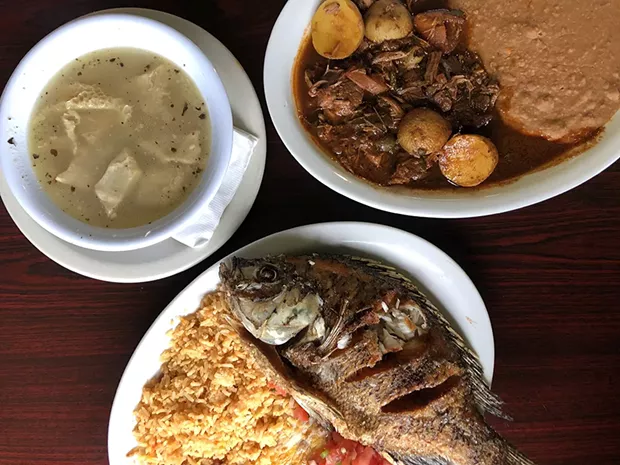 Beef barbacoa, mojarra frita and white menudo at Los Sinaloenses. - PHOTO BY JENNIFER FUMIKO CAHILL