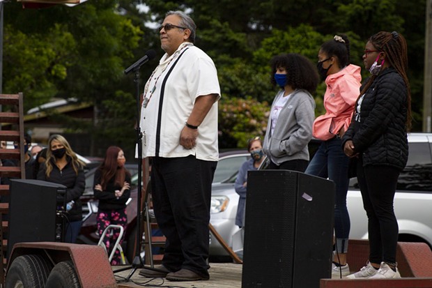 Wiyot Tribal Chair addresses the crowd at Rohner Park and encourages people to educate themselves on matters of racial inequality on June 5 following the death of George Floyd in Minneapolis police custody. - THOMAS LAL