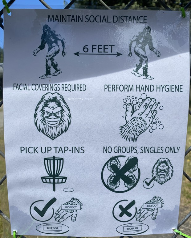 Bigfoot helps explain disc golf's new rules in the time of COVID. - ASHLEY HARRELL