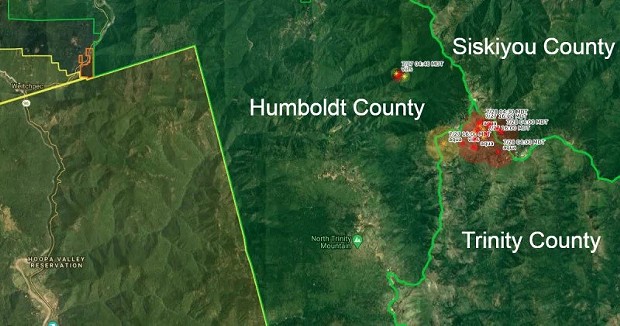 Using CalTopo and adding text, we created this map. The orange circles show heat spots that showed on satellite imagery. Note the red area entirely within Humboldt County is the Red Fire. The much larger Salmon Fire is at the intersection of the three counties. - KYM KEMP