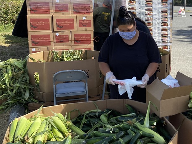 Food for People team member Veronica Brooks packing produce in preparation for a free produce distribution distribution. - SUBMITTED