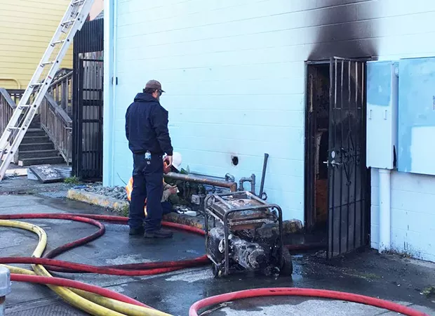 Responders from the nearby Arcata Plaza fire station quickly extinguished a generator fire at Big Blue Cafe on Oct. 27, 2019 – before Measure R's failure curtailed the station's operating abilty. - PHOTO BY RYAN HUTSON