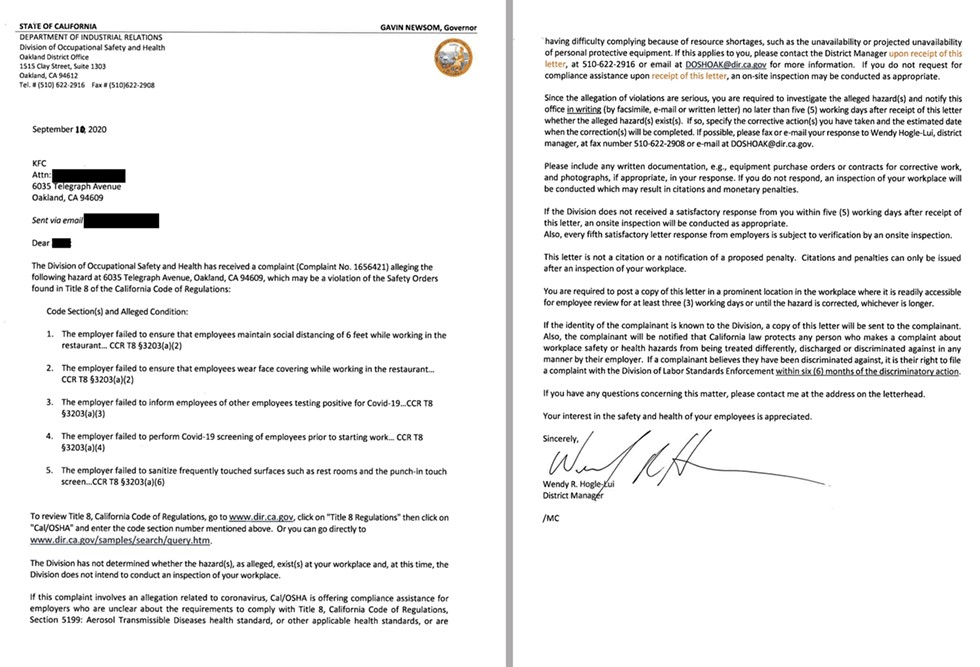 Cal/OSHA's September letter inquiry.
