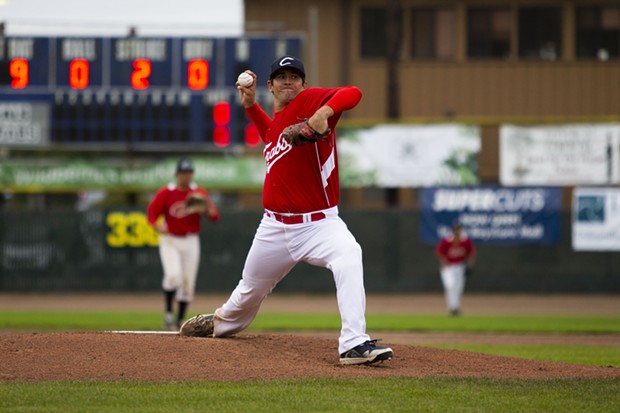 Crabs starting pitcher Kaden Riccomini (No. 31) throws a pitch during the first inning of the Crabs' game against Seals Baseball on July 9, 2021 at Arcata Ballpark. Riccomini would give up just four hits and strike out four in six innings of work for the win. - THOMAS LAL