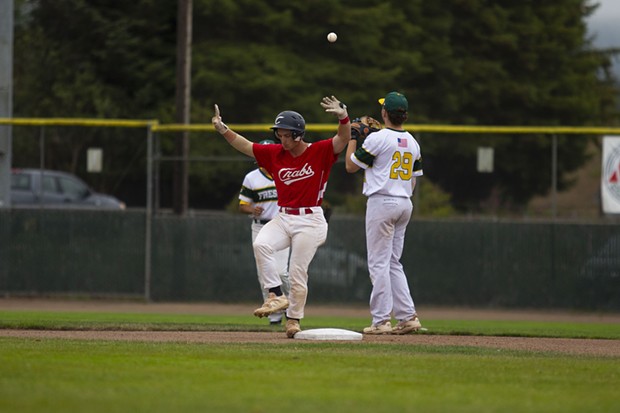 Crabs catcher Dylan McPhillips dances on second base after hitting a double against the Fresno A's at Arcata Ballpark on July 31, 2021. - THOMAS LAL