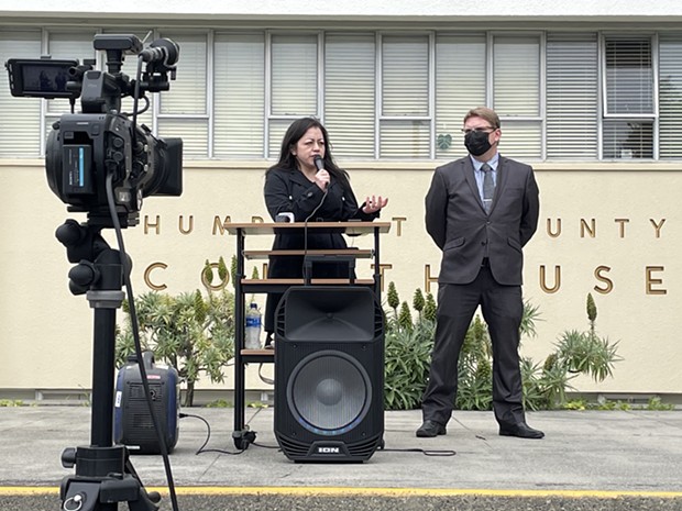 Humboldt County Auditor-Controller Karen Paz Dominguez and Assistant Auditor-Controller Jim Hussey at a press conference this afternoon. - THADEUS GREENSON