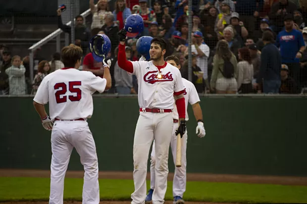 Crabs First Baseman Jordan Petrushka celebrates with teammate Tyler Davis who hit a home run in the second inning during the Humboldt Crabs season opening game against the Humboldt Eagles on June 3, 2022 on the way to a 13-0 victory. - THOMAS LAL