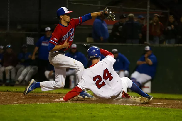 Crabs Third Baseman Kevin Fitzer slides into home to avoid the tag and score during the Humboldt Crabs season opening game against the Humboldt Eagles on June 3, 2022 on the way to a 13-0 victory. - THOMAS LAL