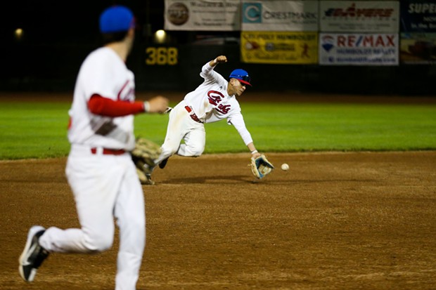 Crabs Shortstop Nick Salas makes a play on a ground ball as the Humboldt Crabs face the Yuba-Sutter Gold Sox on June 15, at Arcata Ballpark. - THOMAS LAL